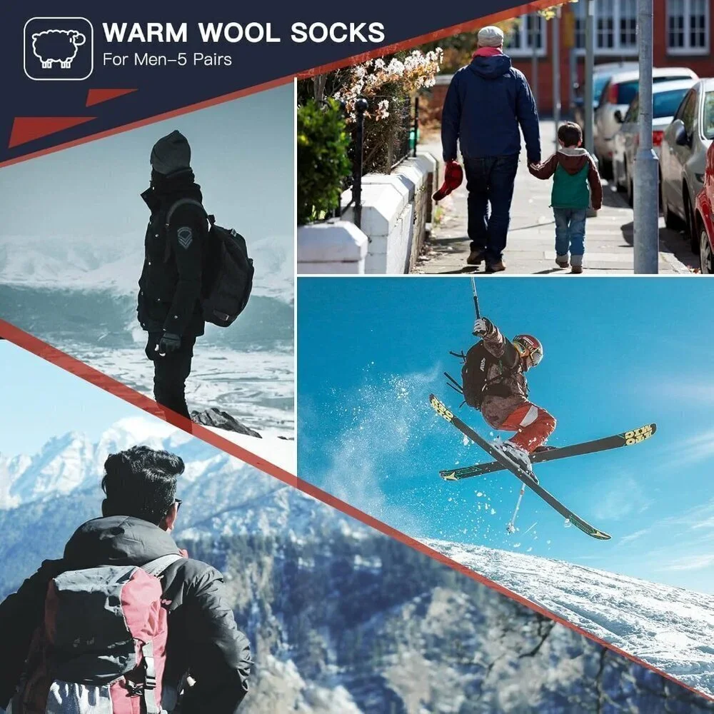 Mens Warm Wool Socks Thermal Winter Thick Crew Pattern Socks Cold Weather 5 Pair